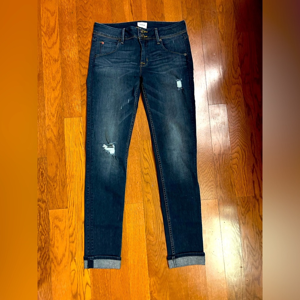 Hudson cuffed distressed dark denim jeans. Size 28. EUC